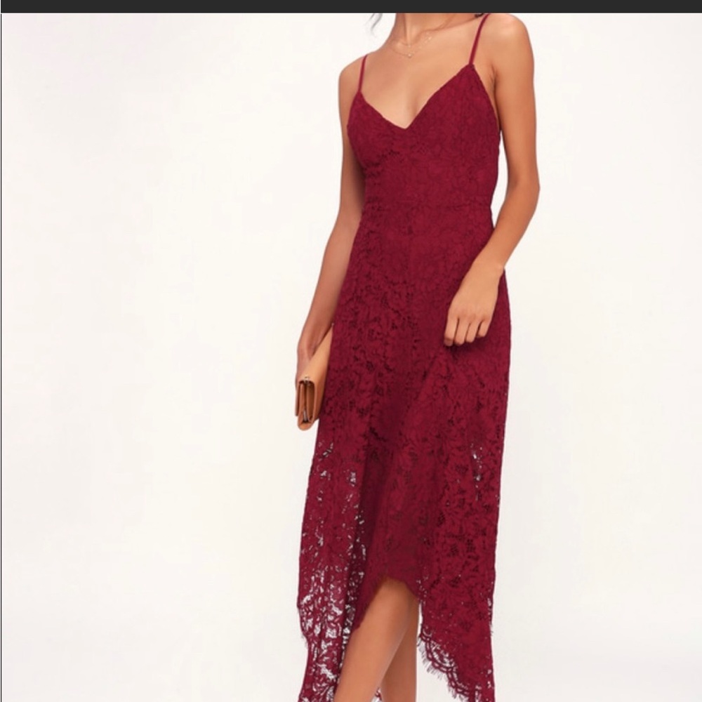 Burgundy lace midi dress by Lulus